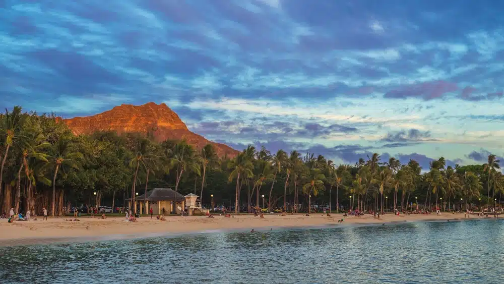 View of the iconic Diamond Head crater from Waikiki Beach on Oahu