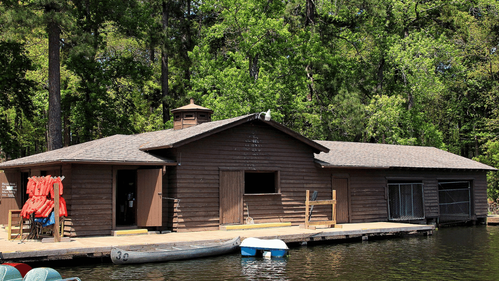 View of Lake Raven Boathouse at Huntsville State Park, Hunstville, Texas.
