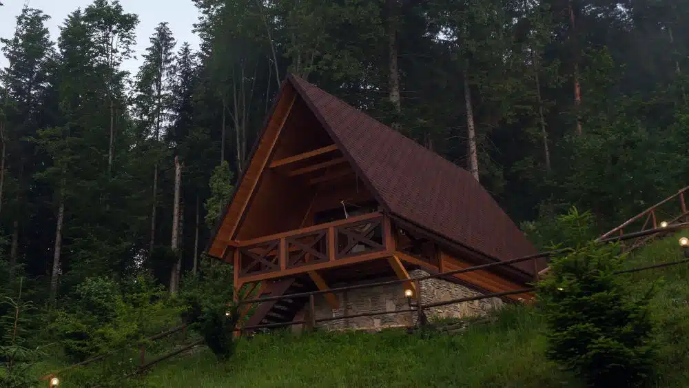 rustic tiny home in the woods on a steep hill