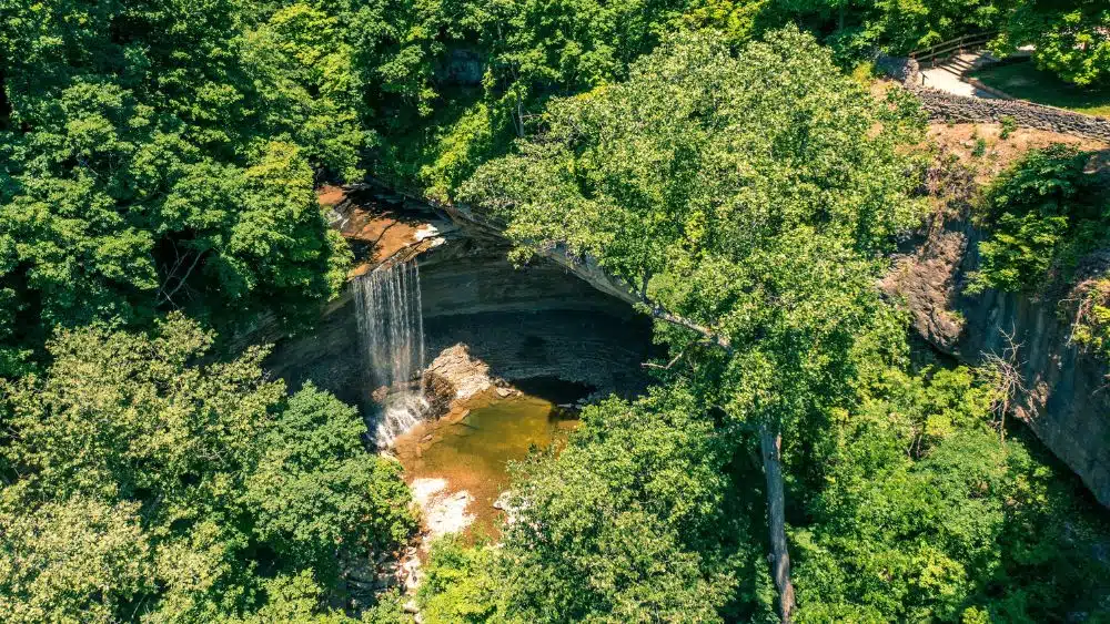 View from above of a hold in the trees that shows a waterfall.