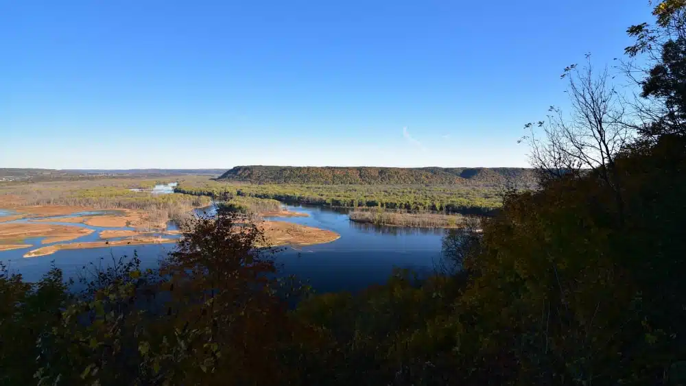 View of the Mississippi River from a scenic overlook in Pikes Peak State Park in Iowa