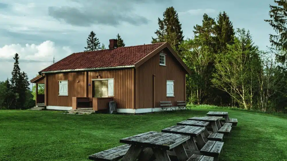 tiny home in field with picnic benches wisconsin