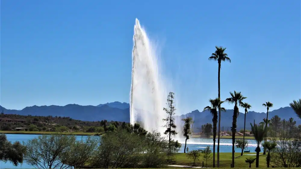 View of the water fountain, one of the tallest in the world, in Fountain Hills, Arizona