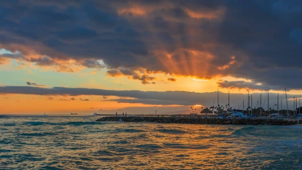 Sunset view of pier at Waipahu, Oahu, Hawaii
