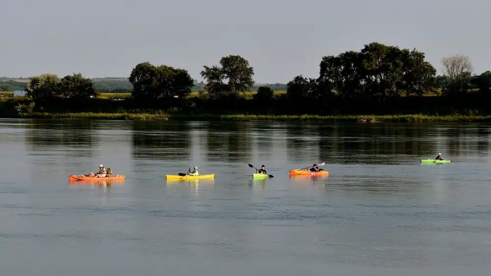 Line of colorful kayaks on a river.