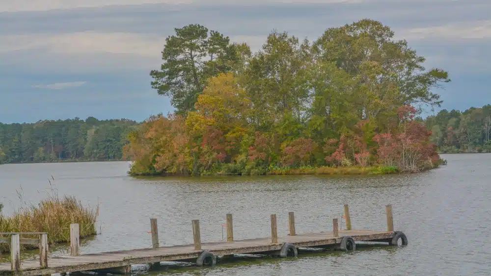 Island with colorful trees on a lake, with a pier in the foreground.