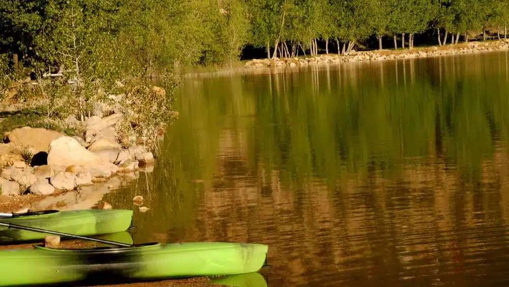 Quiet lake with green kayaks on the shore.