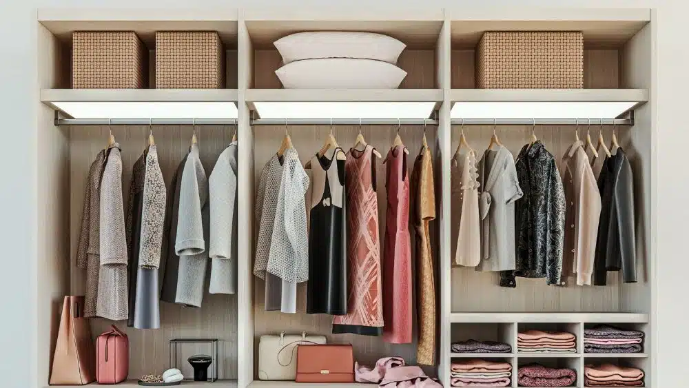 View of organized closet with clothes hanging on rods, boxes and two pillows on top shelves with accessories below hanging clothes