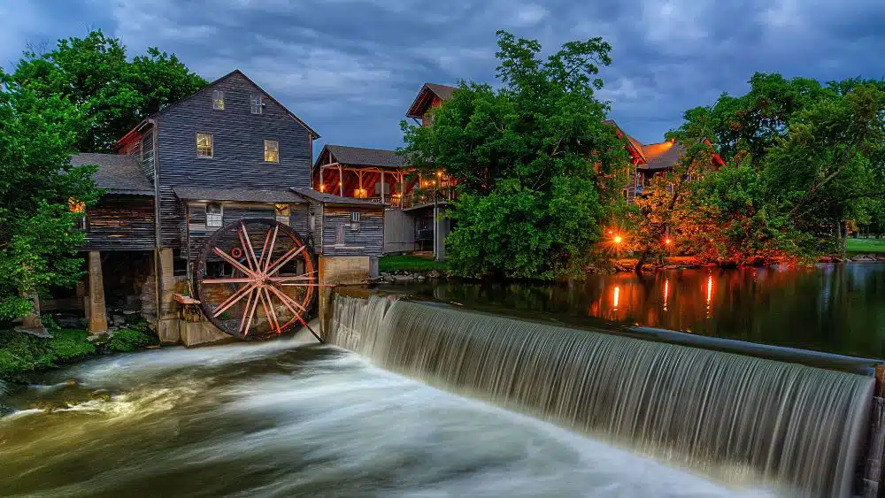 twilight at the old mill along the little river in pigeon forge tennessee