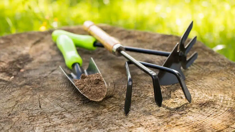 A handheld shovel, rake, and hoe on a tree stump.