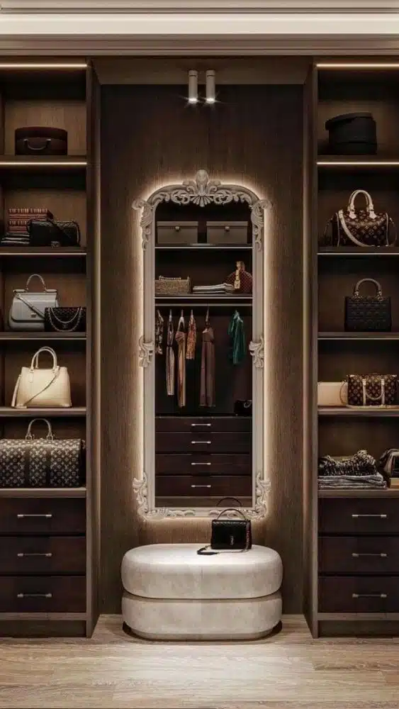 Dark-toned closet with an ornate mirror hanging in the middle of the wall, lined with LED lights to create a soft glow.