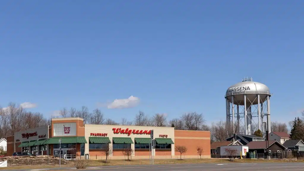 View of water town (on right) of Massena, New York, as well as a Walgreen's pharmacy on the left