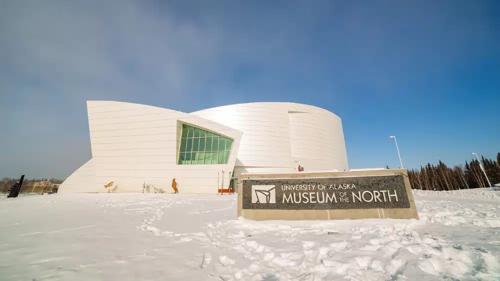 A modern building made from white stone with a large window on one side. A stone sign in the snow reads "University of Alaska: Museum of the North."