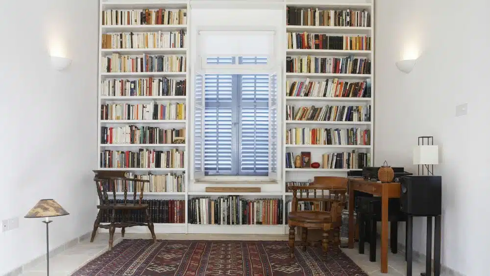 home library in the den of a new townhouse