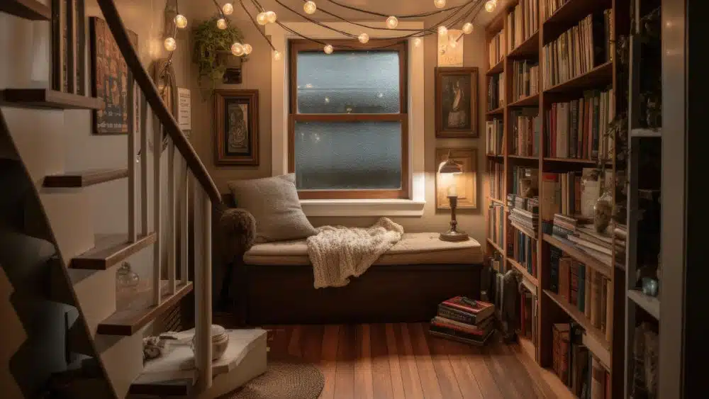 a reading space tucked away by the stairs