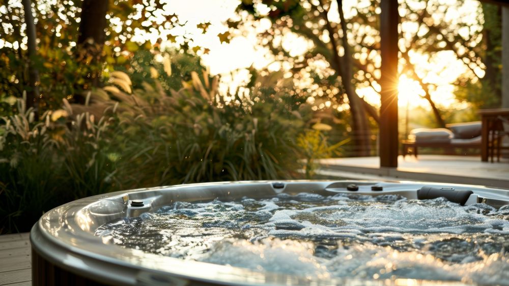 A hot tub on a deck during a fall sunset. 